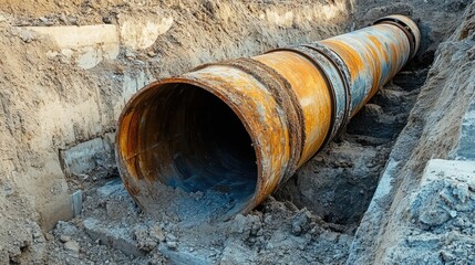 A large rusted metal pipe lies in a trench partially filled with dirt and debris.