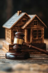 Wooden Gavel and House Model on Wooden Table Representing Real Estate Law and Property Auctions
