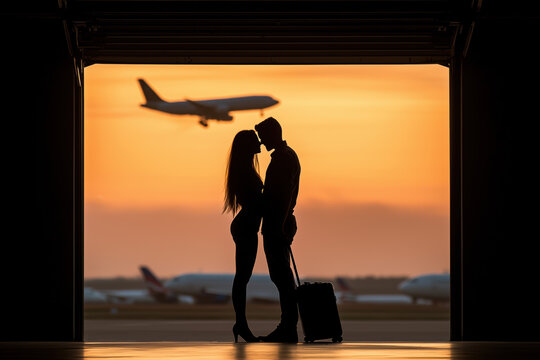 Romantic Couple Silhouette Airport Sunset Travel Adventure