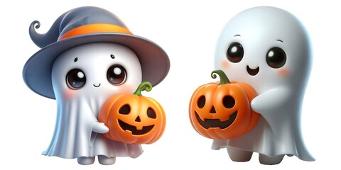 Fototapeta premium Adorable Halloween Ghost Holding a Pumpkin. Happy Ghost with Jack-o'-lantern for Halloween