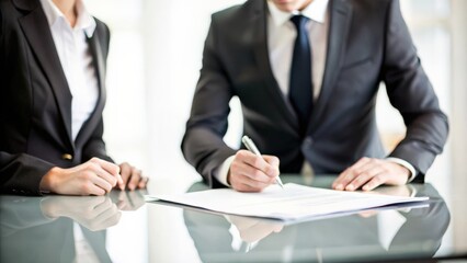 Close up of  businessman sign on contract paper and  secretary , copy space