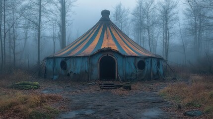abandoned circus tent at twilight eerie atmosphere faded striped fabric ghostly stillness muted colors long shadows nostalgic melancholy