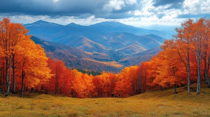 Naklejka premium Scenic mountain landscape with vibrant autumn foliage in a tranquil natural setting