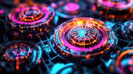 Futuristic Neon Circuit Board with Glowing Elements in Blue and Orange Colors, High-Tech Digital Background