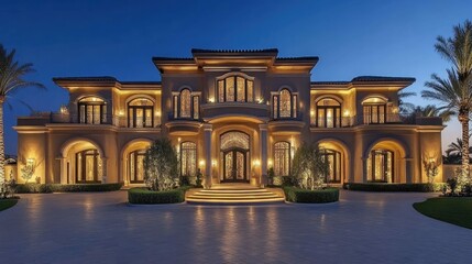 Obraz premium A large, luxurious, and lavish Mediterranean-style mansion at dusk, with a large driveway and lush landscaping.