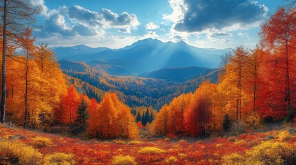 Fototapeta premium Scenic mountain landscape with vibrant autumn foliage in a peaceful valley under bright skies