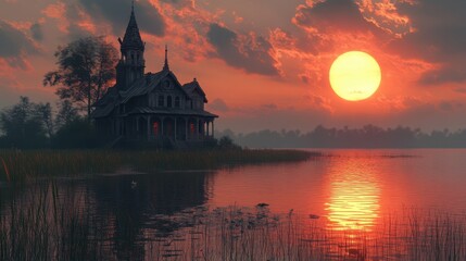 Obraz premium A serene sunset over a lake with a haunted-looking house.
