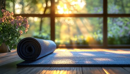 Wellness retreat in a tranquil environment, with yoga mats, soft music, and calming views, Relaxing, Warm, Detailed