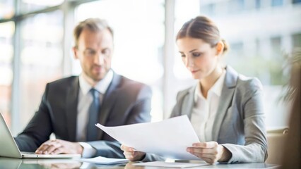 Obraz premium Close up of businessman sign on contract paper and secretary , copy space