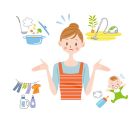 家事　疲れる主婦　困る　洗濯　料理　育児　掃除
