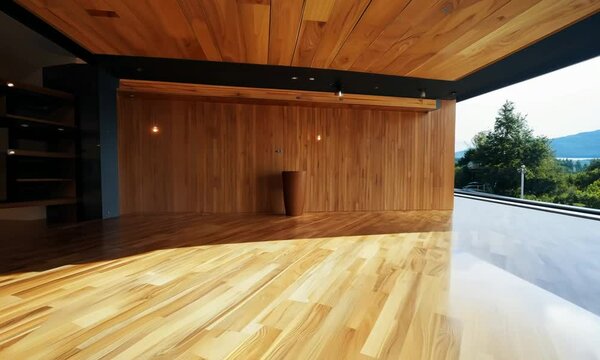 An empty room made of wood, built in with wooden covering, which is waiting for you to furnish it. Interior Generative, ai