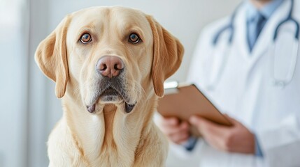 A loyal dog waiting for a veterinary check-up in a bright clinic, showing trust and companionship in a healthcare setting.