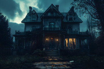 Fototapeta premium Spooky Victorian House with Moonlight. Eerie Abandoned Mansion with Creepy Windows
