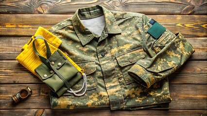 Obraz premium Army green camouflage uniform with bright yellow stripes laid on a rustic wooden table amidst scattered combat gear and dog tags.