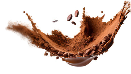 flying cocoa powder Splash on a white isolated background. Generative AI.
