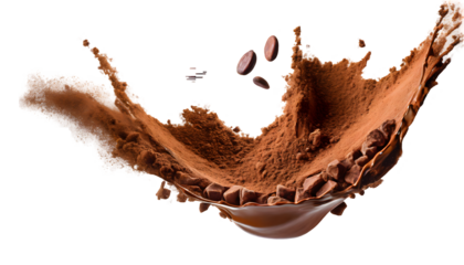 flying cocoa powder Splash on a white isolated background. Generative AI.