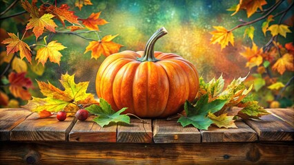 Vibrant watercolor painting of a single orange pumpkin surrounded by lush greenery and autumn leaves on a rustic wooden table or farmhouse style bench.