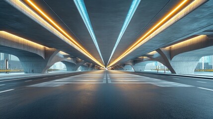 A long, straight road under a concrete overpass with yellow lights.