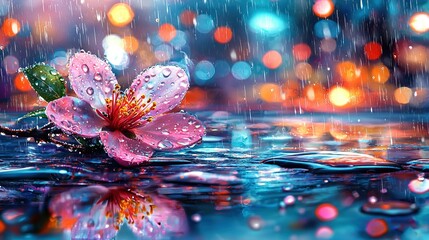   A pink flower atop a blue surface, surrounded by colorful lights and a puddle of water below