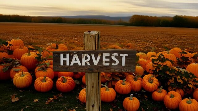 Harvest sign stands among a vibrant field of pumpkins, basking in the warm glow of a sunset. The scene captures the essence of autumn, showcasing ripe pumpkins ready for picking