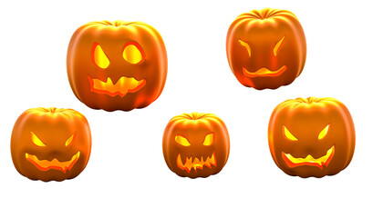 3d rendering of five halloween pumpkins on transparent background