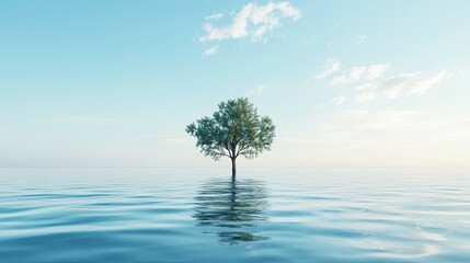 Solitary Tree Standing in Calm Water with Clear Blue Sky and Gentle Clouds in the Background