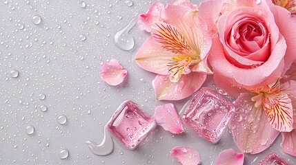   Pink rose and ice cubes on a white surface with water droplets and a pink flower on top