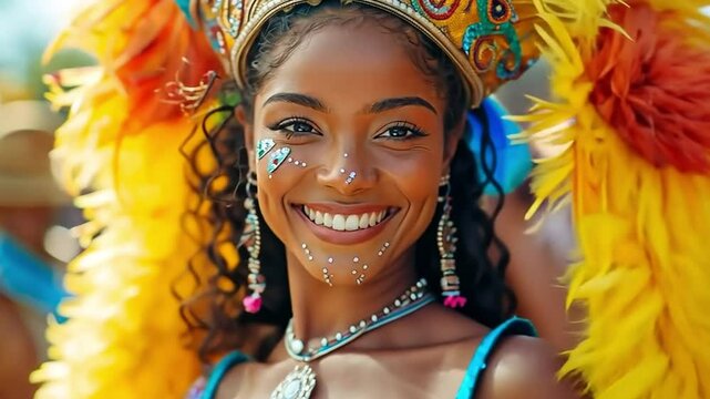 Samba dancer from Brazil snapping a photo at the funfair celebration