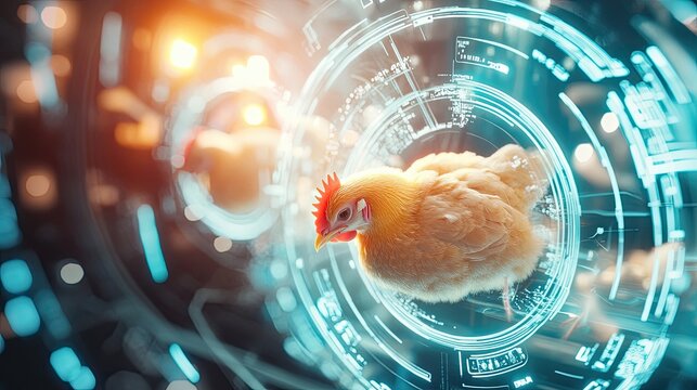 Futuristic Chicken in a Digital Interface with Holographic Elements and Technological Background