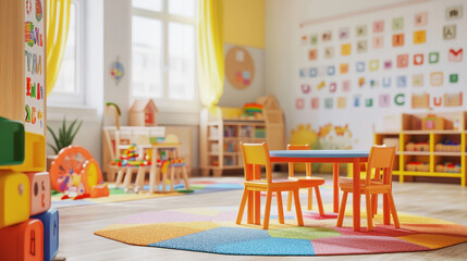 A bright, welcoming kindergarten classroom with colorful furniture, toys, and alphabet posters.