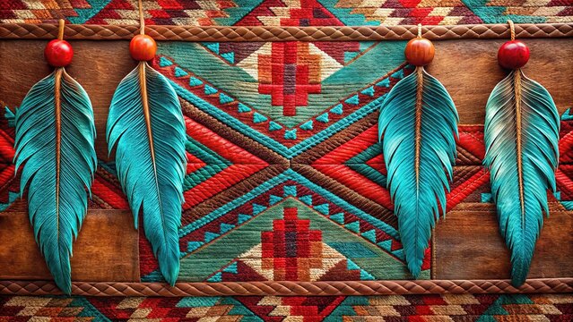 Vibrant turquoise and crimson feathers adorn a traditional handwoven Native American pattern, set against a distressed leather background with intricate beaded accents.