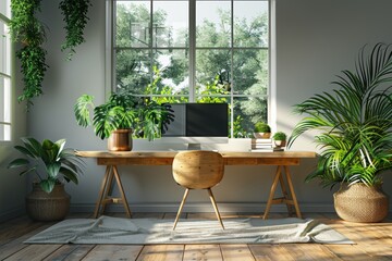 Fototapeta premium Modern home office with stylish furniture, sleek computer and comfort in a modern workspace. Generative AI