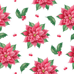 Floral Christmas seamless pattern with hand drawn watercolor winter flowers red poinsettia, holly and berries.