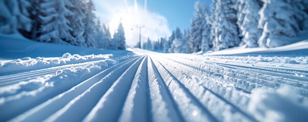 Freshly groomed ski slope with precise lines in the snow, under a clear winter sky.