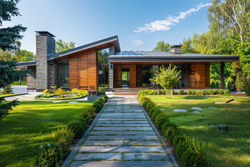 Fototapeta premium Modern house in suburb with beautiful green landscape