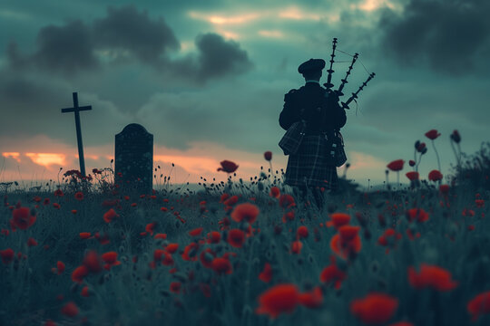 Back view of a bagpiper in a field of red poppies with a gravestone. Stormy, dark skies over a meadow with a soldier playing music.