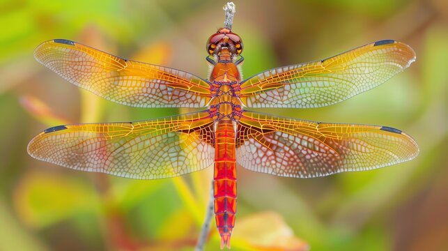 A dragonfly with colorful wings rests on a branch in a garden setting.