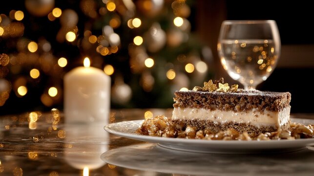   A slice of cake rests beside a wine glass & a Christmas tree in the backdrop