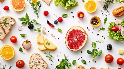 Random arrangement of assorted foods on a soft white background