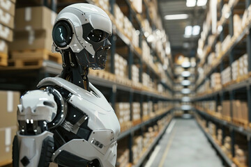 Fototapeta premium AI robot working in big warehouse