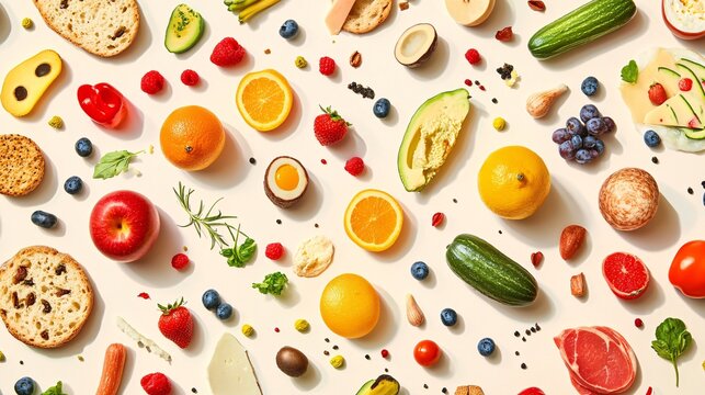 Various food items arranged in a playful pattern on a light background