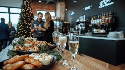   A wooden table, topped with a plate of food and a glass of wine, sits beside an array of appetizers