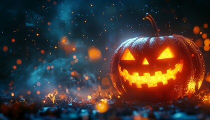 Glowing Jack-O-Lantern with Mystical Blue Smoke in Spooky Night Setting