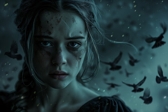 A frightened woman with hair blowing in the wind and dark birds flying in the background. A threatening scene with a lady with dirt smeared across her face.