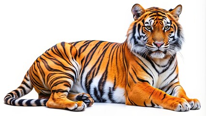 Obraz premium Vibrant orange and black striped fur of a majestic tiger's body isolated on a white background, showcasing its natural camouflage pattern in stunning detail.