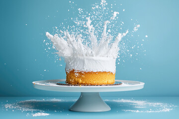 A beautifully decorated cake with a spectacular splash of cream, set against a vibrant blue background, perfect for dessert lovers.