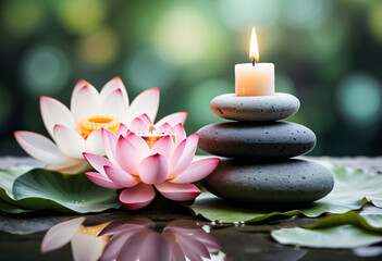 Spa salon, zen stones with candle and lotus flower on blurred background