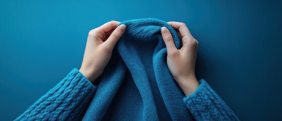 Hands gently hold a cozy blue sweater, showcasing softness and warmth against a calming backdrop.