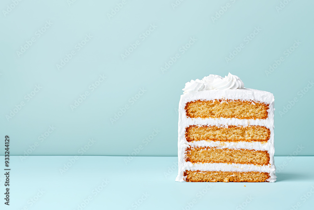 Wall mural A delicious slice of layered cake with creamy frosting on a soft pastel background, perfect for dessert lovers and celebrations.