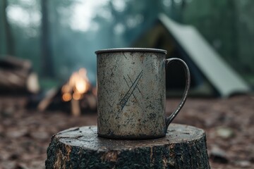 Rustic camping mug on wooden stump